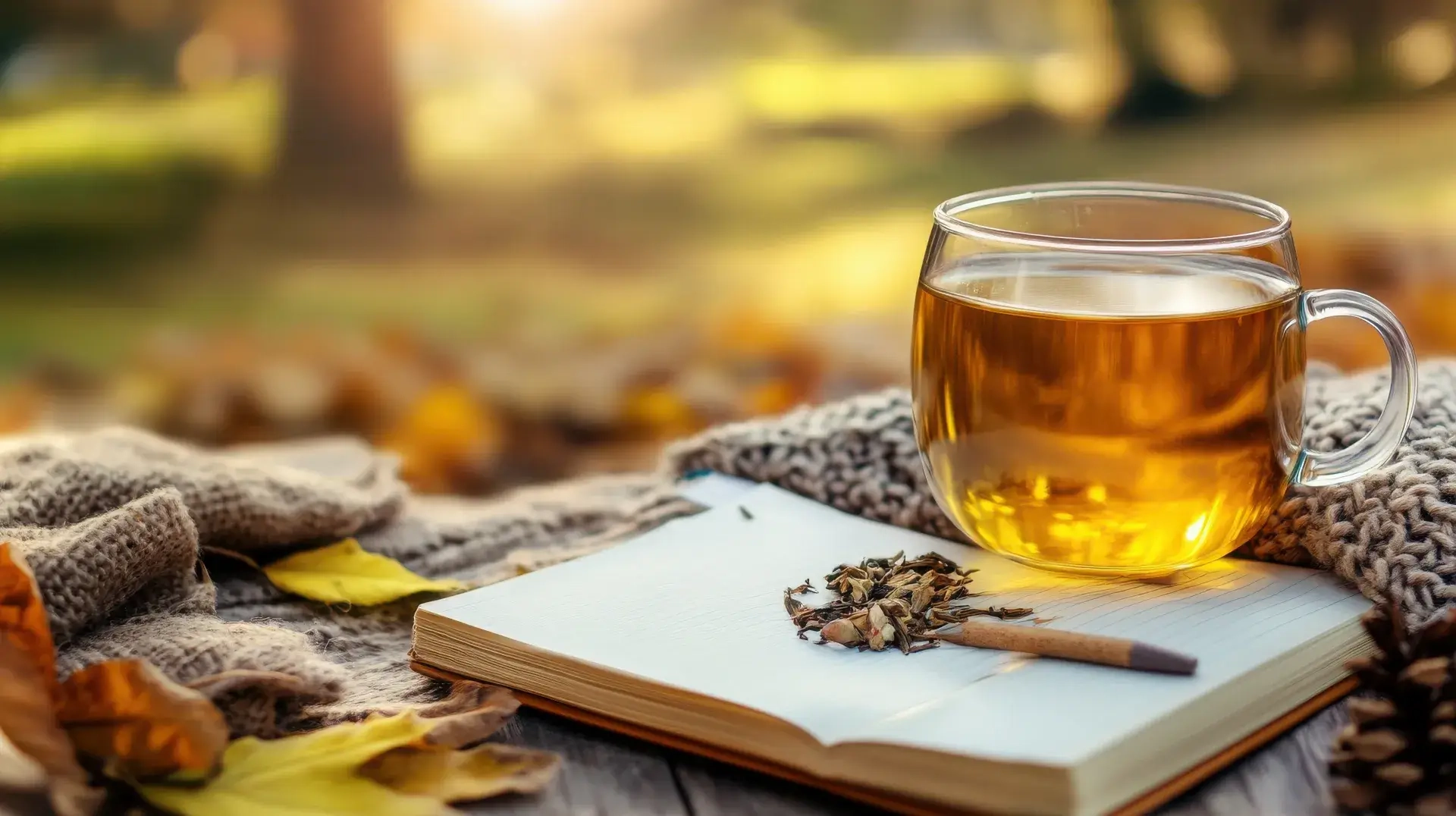 Auf einem Schreibtisch liegt ein geöffnetes Notizbuch eines Therapeuten mit einer beruhigenden Tasse Kräutertee auf unscharfem Hintergrund