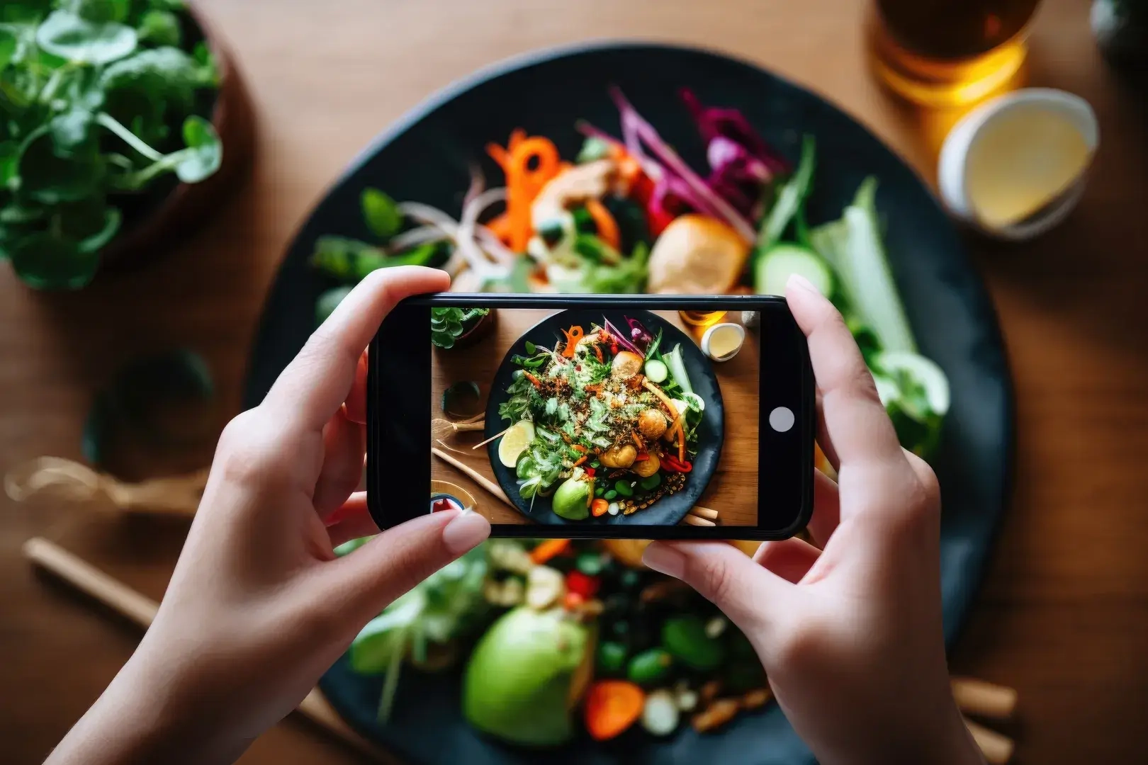 Eine weibliche Bloggerin fotografiert eine Schüssel asiatisches Essen mit ihrem Smartphone. Generative KI.