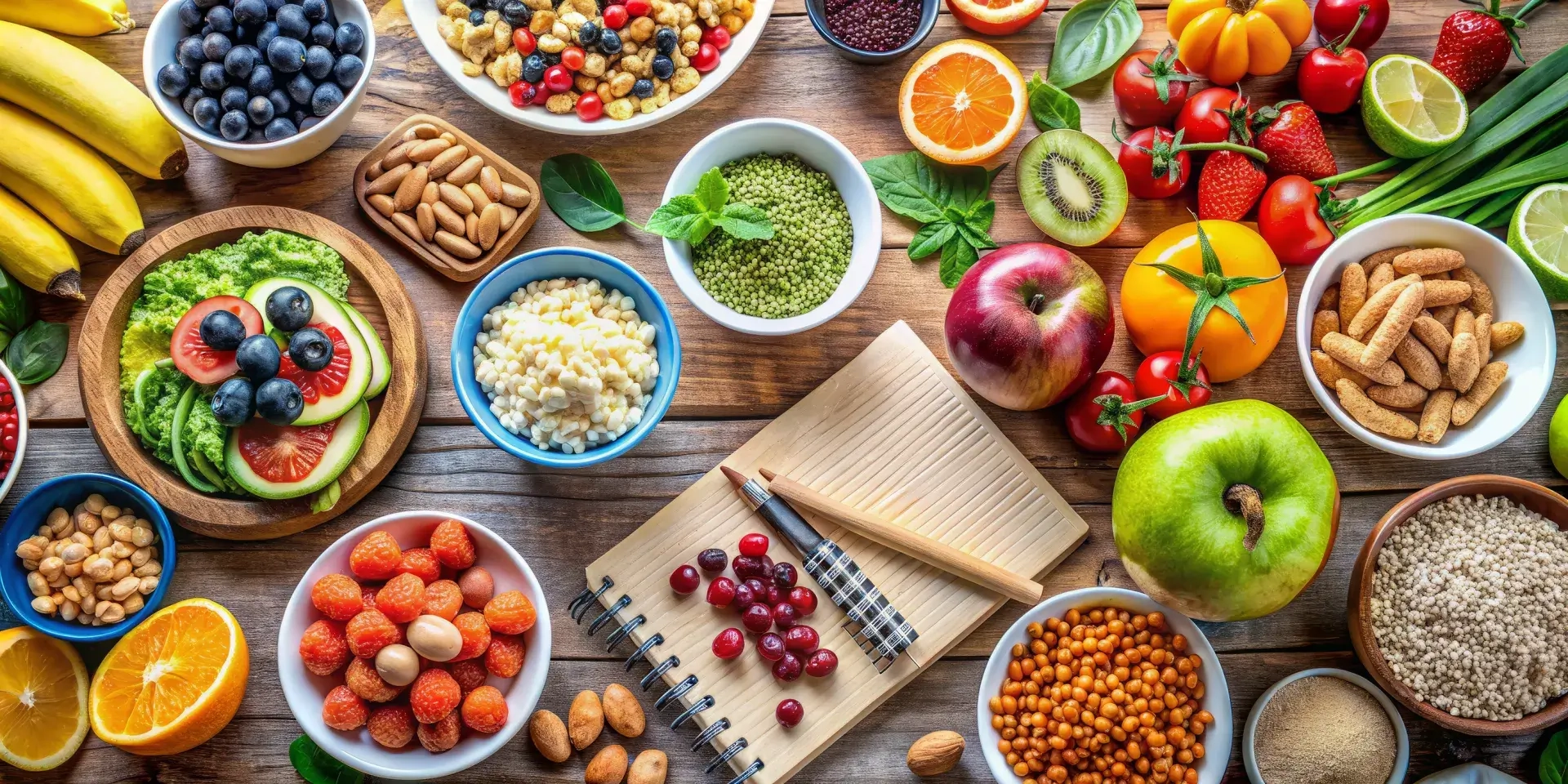 Bunte Früchte, Vollkornprodukte, magere Proteine und gesunde Snacks, auf einem Tisch arrangiert, begleitet von farbenfrohen Illustrationen und Notizen, die einen sorgfältig ausgearbeiteten Ernährungsplan veranschaulichen.